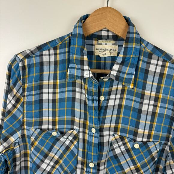 Ralph Lauren Denim & Supply Womens Utility Blue Yellow Plaid Button Down Shirt L - Picture 2 of 11